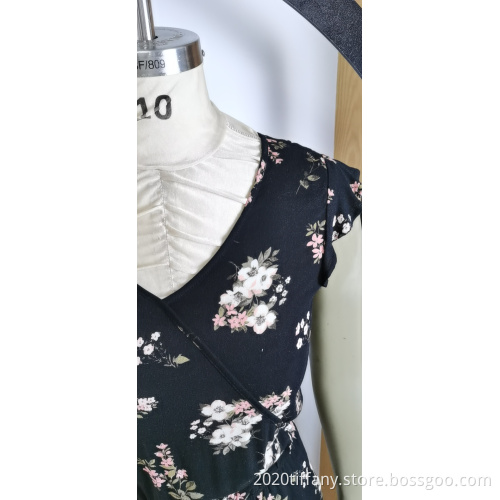 Ladies Fashion Black Print V-Neck Short Sleeve Jumpsuit